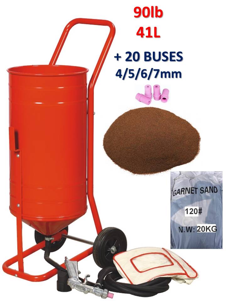 Sableuse Mobile Sur Roulettes 90lb 41kg + 20 Buses + Sac 20kgs D'abrasif  Garnet Mesh 120a+