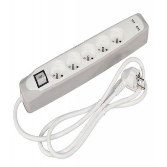Multiprise électrique 5 prises avec interrupteur et 2 prises USB 5V 2.1A  1.50m blanche
