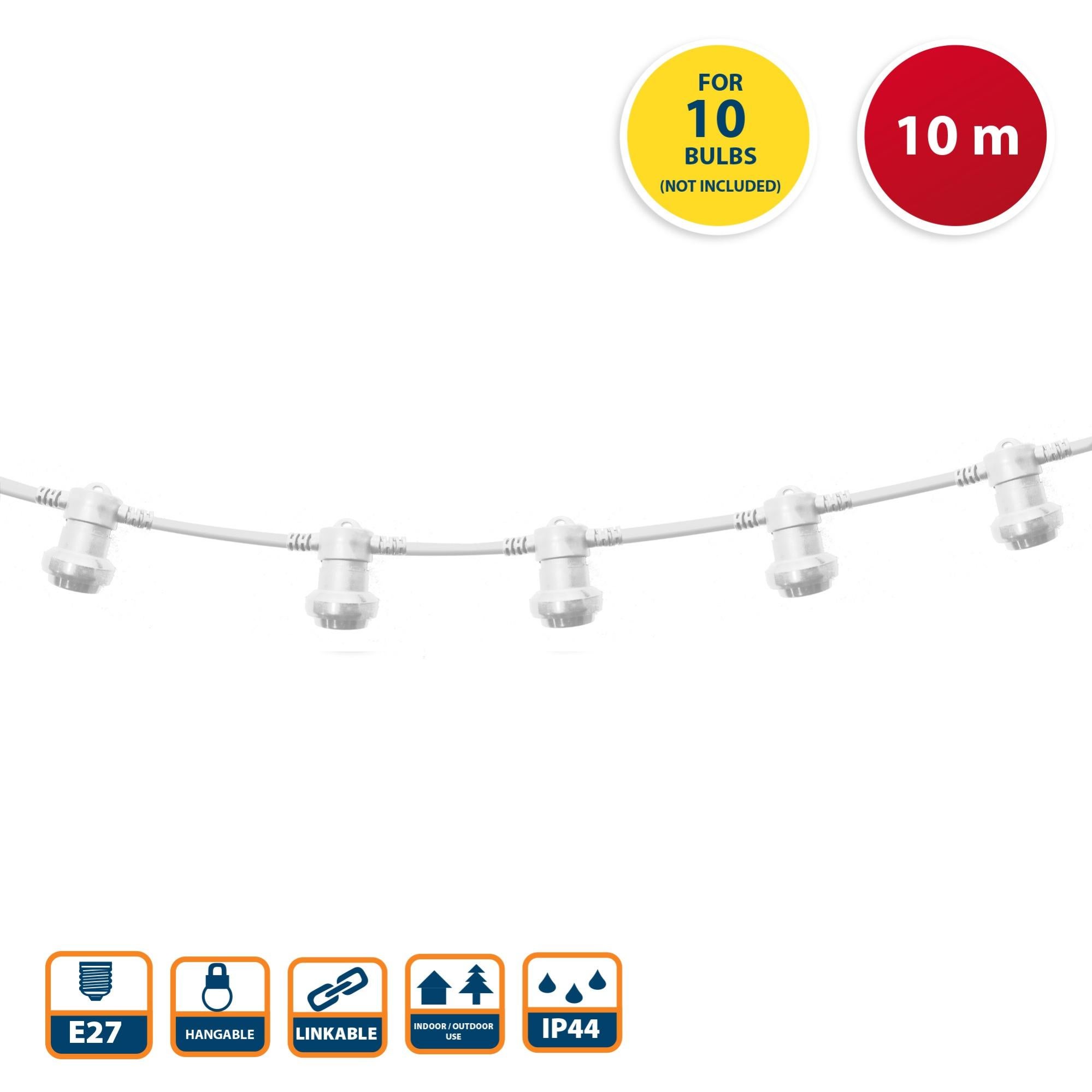 Guirlande Lumineuse 10m Avec 10 Douilles E27 - Noire, Extensible, Pour Intérieur/extérieur