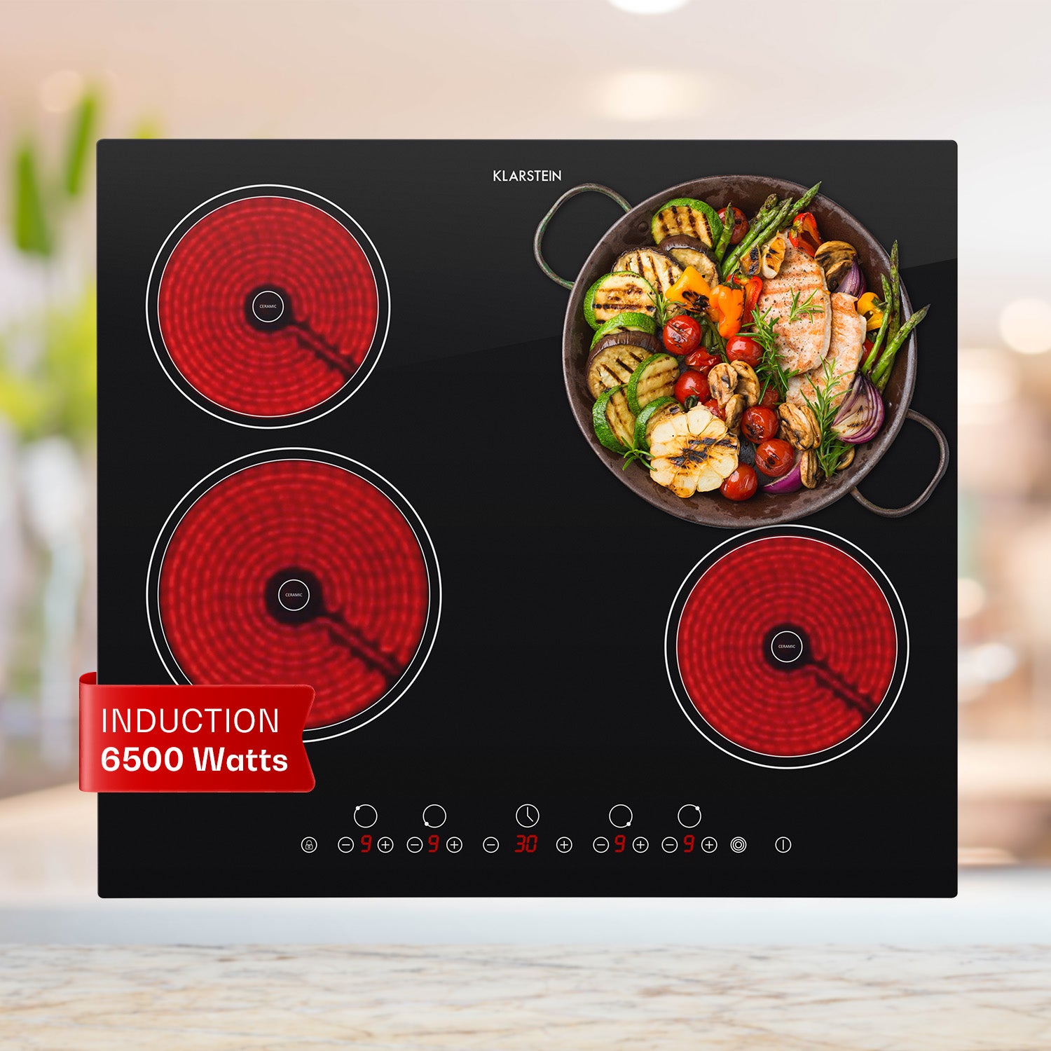 Klarstein Virtuosa Plaque de cuisson en céramique 6500W 59x52cm 4 zones