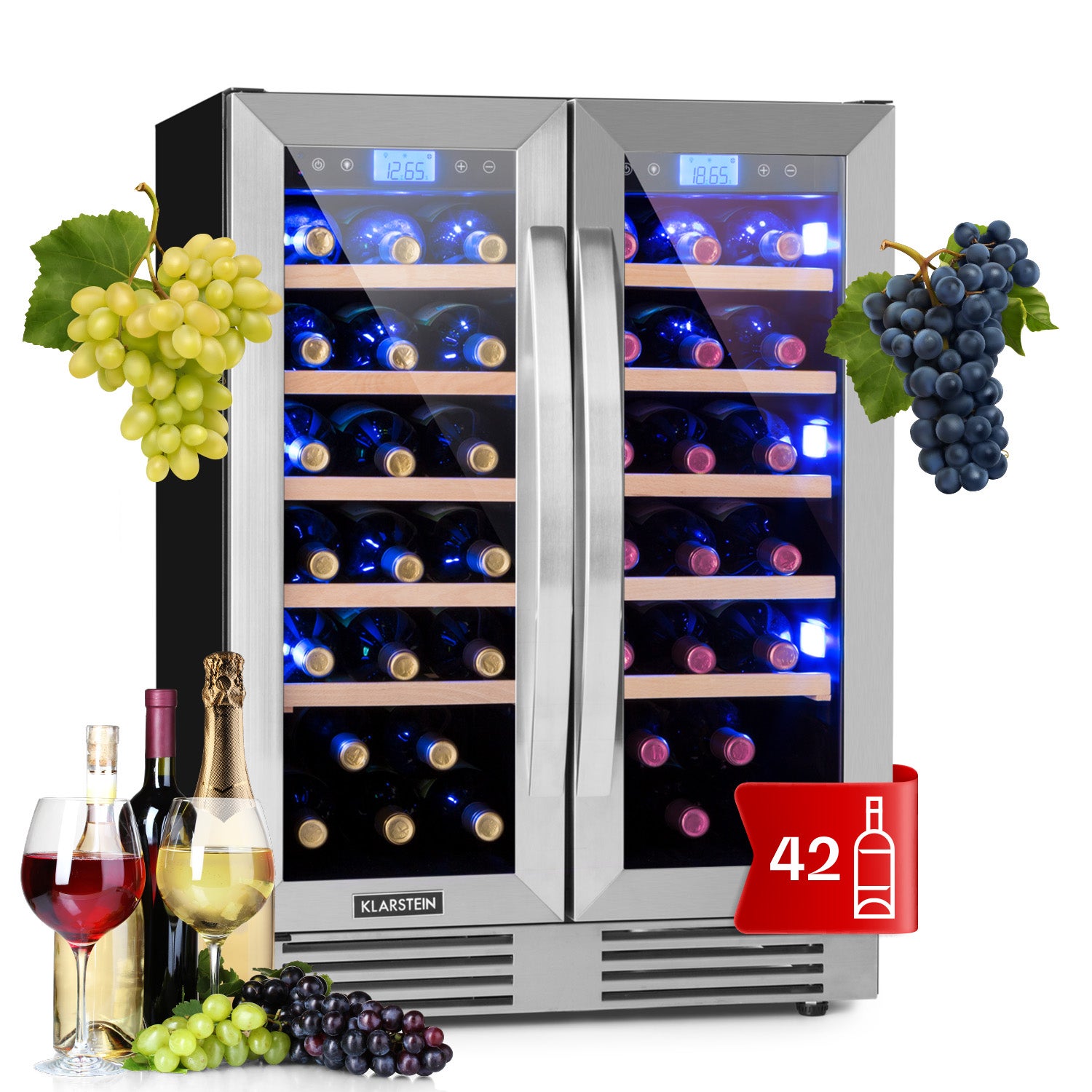 Touch Control 2 Cooling Zones Adjustable Temperature 5-20 Degrees Wine Refrigerator Black 126 L LED Lighting 3 Colours Beverage Fridge 2 x 5 Shelves KLARSTEIN Vinovilla Duo42 