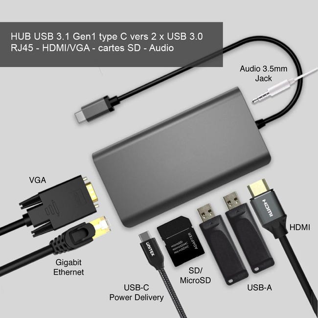 Hub USB-C vers USB 3.0, lecteur de carte SD et microSD