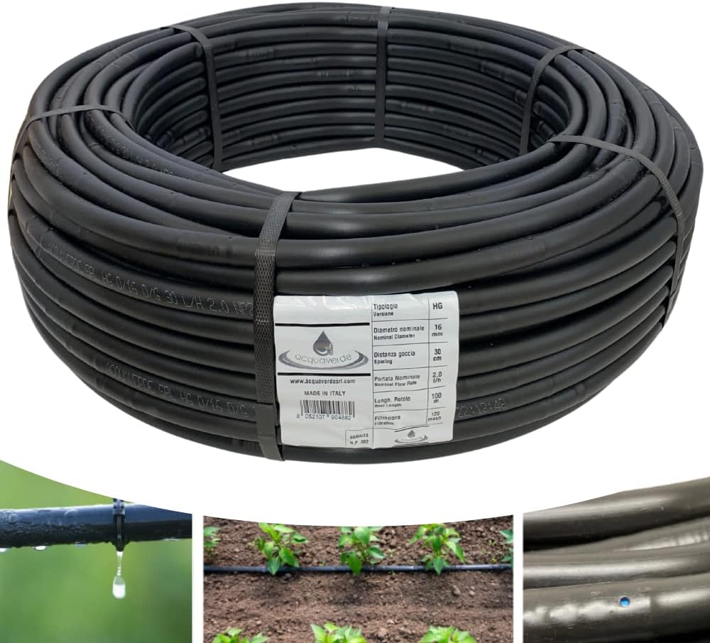 Ala Gocciolante 100 Mt ø 16 mm Passo 30 cm, ACQUAVERDE, Tubo In  Polietilene, Doppio Foro, per Irrigazione a Goccia, Nero