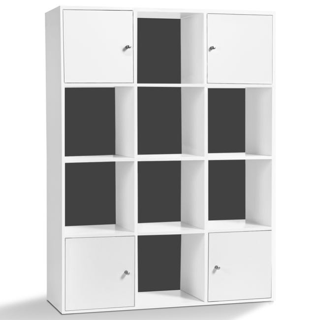 Meuble de rangement cube RUDY 12 cases bois blanc avec portes fond gris