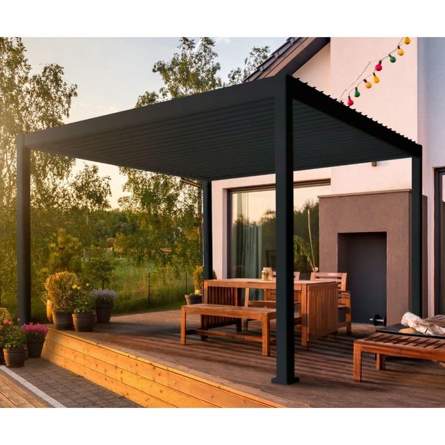Pergola bioclimatique OMBREA autoportée 3 x 4 m - Anthracite-Gris anthracite | Leroy Merlin rideau pergola ombrea