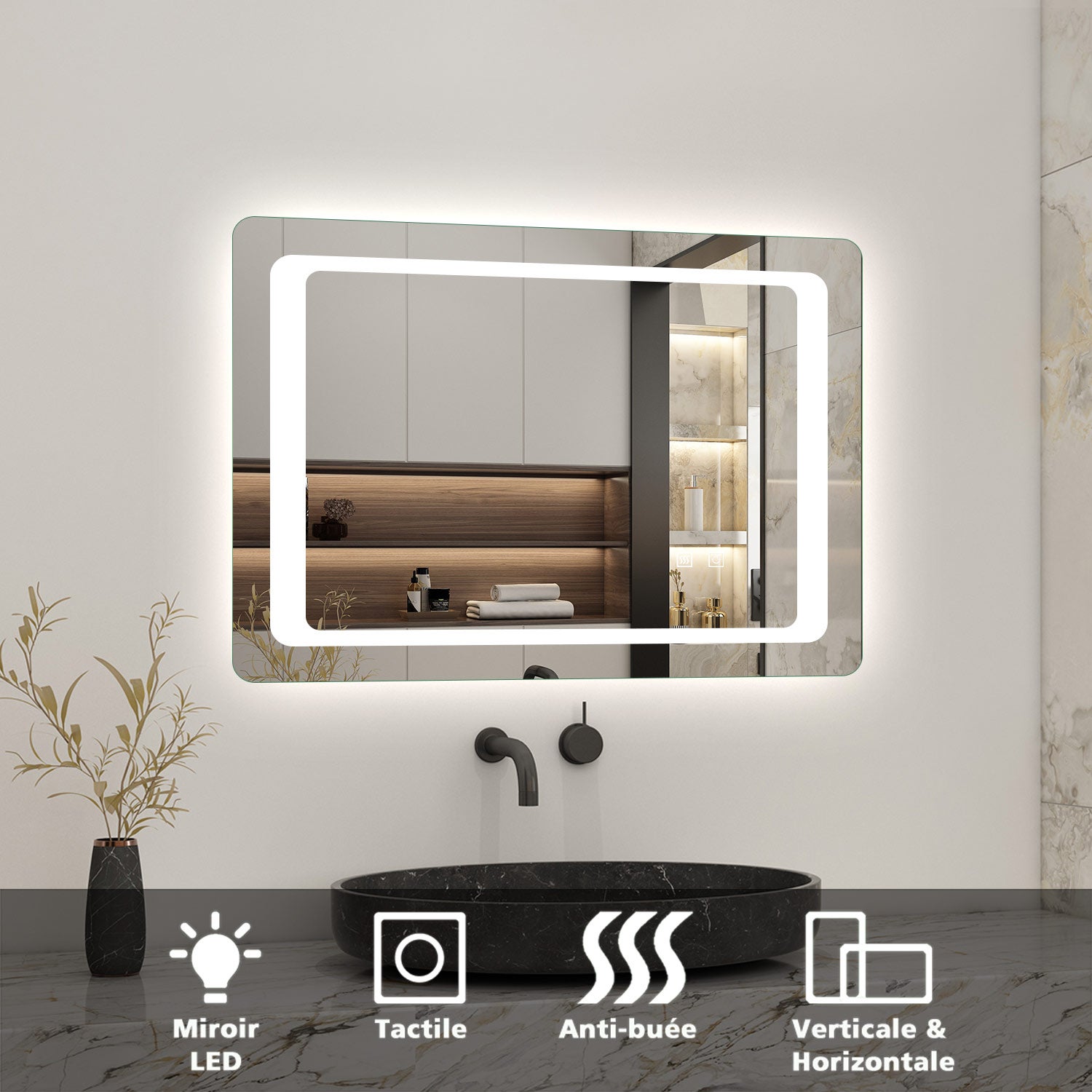 Miroir salle de bain LED anti-buée avec interrupteur tactile