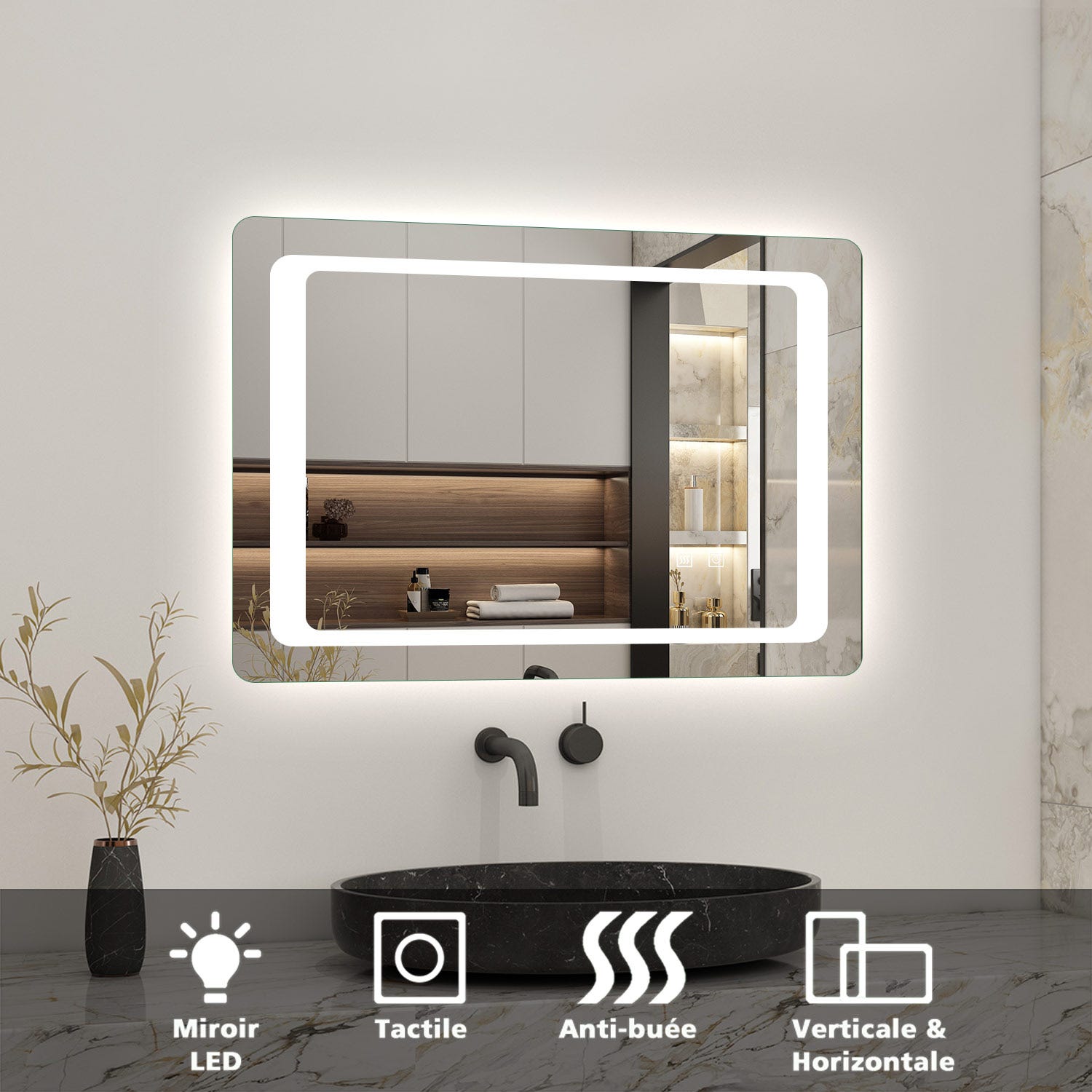 Miroir salle de bain LED anti-buée avec interrupteur tactile, Lumière blanc  80*60cm