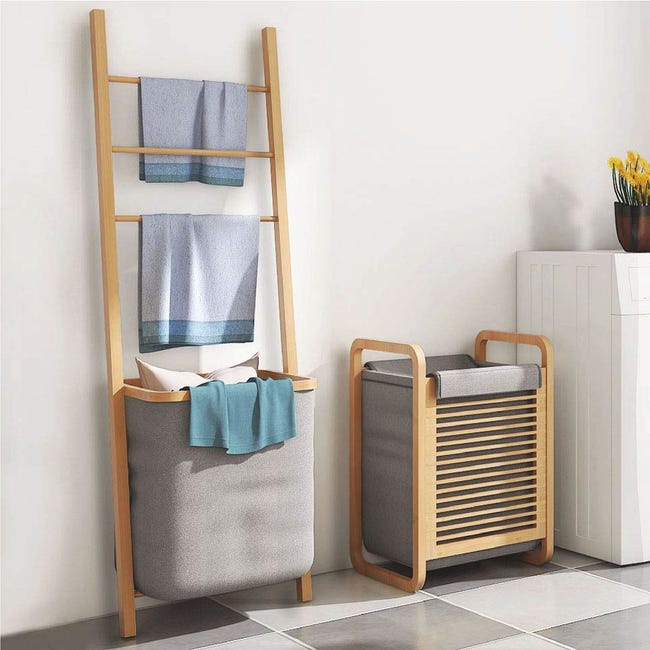Porte serviette salle de bain en bambou sur pied avec panier à