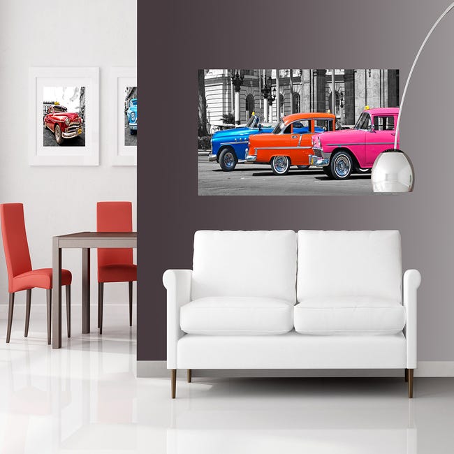 Póster decorativo coches antiguos vinatge azul, naranja y rosa - 202 x 90  cm - Sanders & Sanders