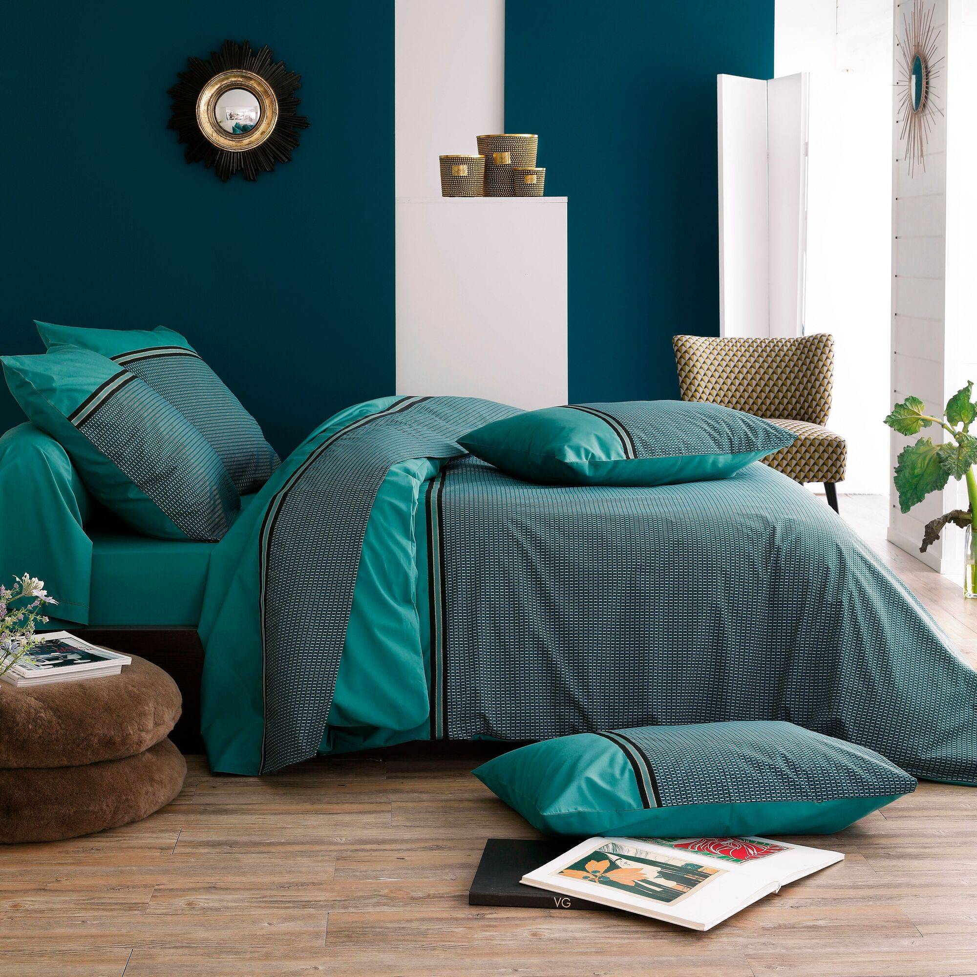 Turquoise clair Basics Parure de lit avec housse de couette en microfibre chinée 135 x 200 cm 
