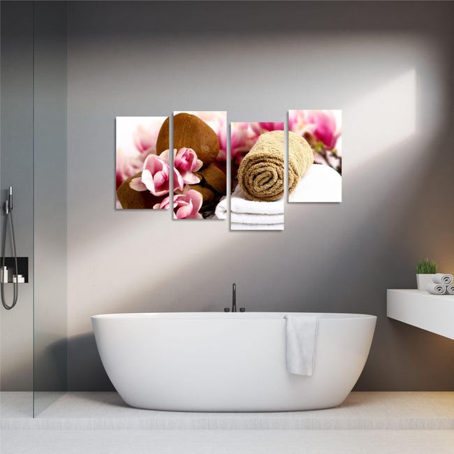 Fiori Benessere - quadro moderno zen per bagno centro estetico con fiori  rosa stampa su tela 152 x 78 cm