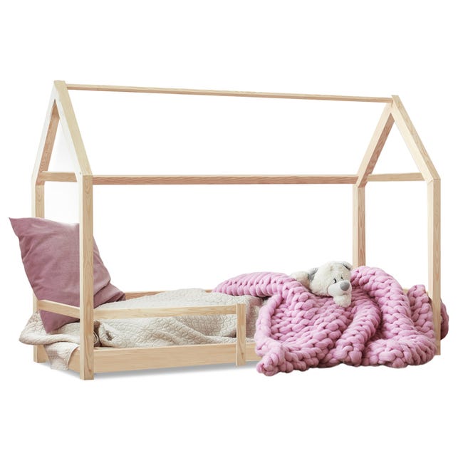 Lit cabane enfant en bois massif 90 x 190 cm avec sommier + barrière de lit  LOUIS