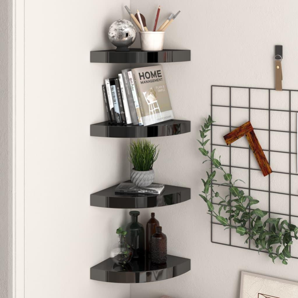 323891 vidaXL Floating Corner Shelves 4 pcs High Gloss Black 25x25x3,8