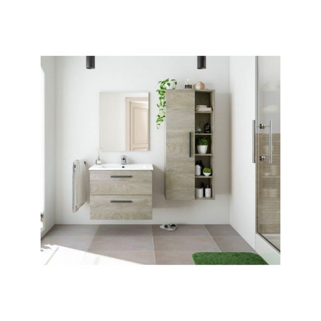 Mueble de baño + espejo ARUBA 2 cajones color roble alaska de 60x45x57 cm ( LAVABO NO INCLUIDO) - Kiona Decoración