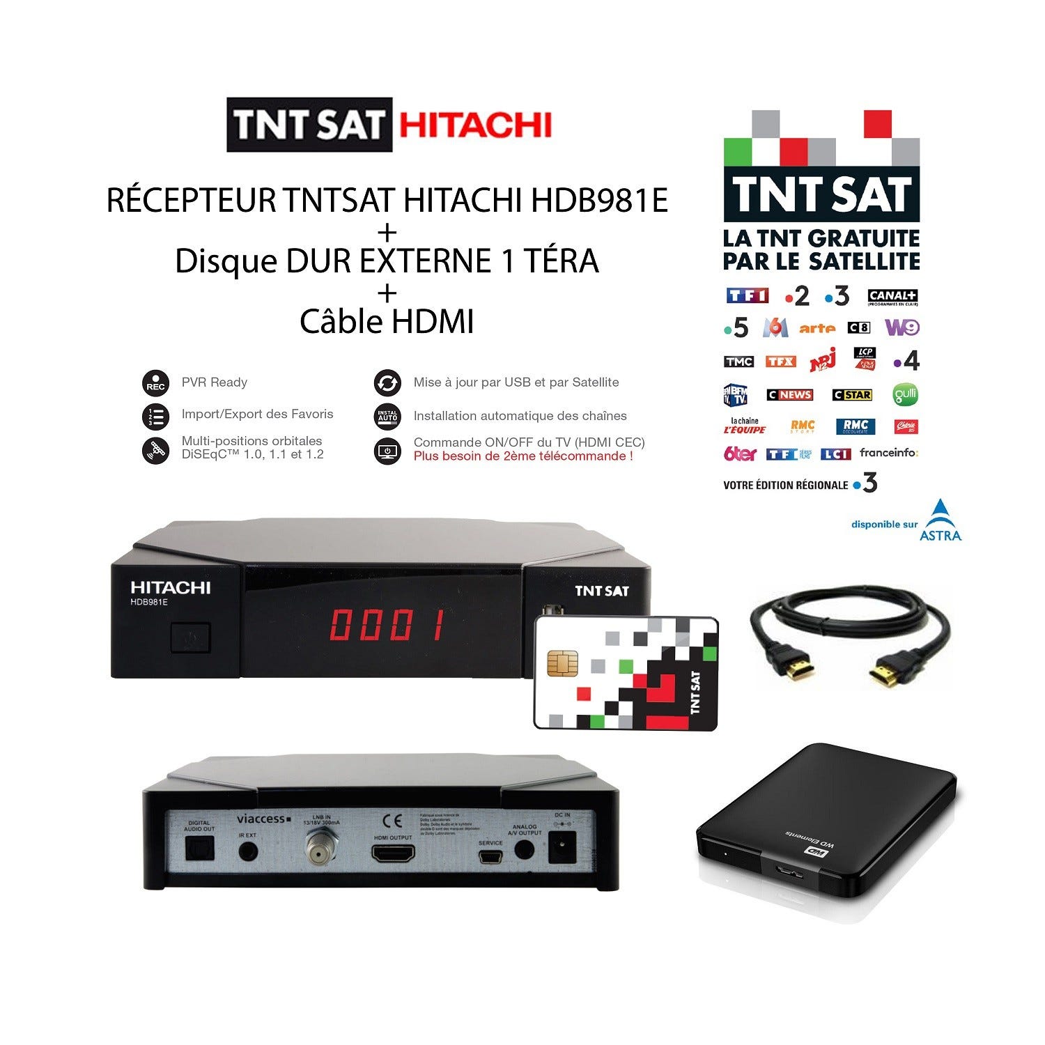 Récepteur TNTSAT HDB981E + Disque Dur Externe 1 Téra + Câble HDMI – Carte  TNTSAT incluse, PVR Ready, Mise à jour par USB et par Satellite