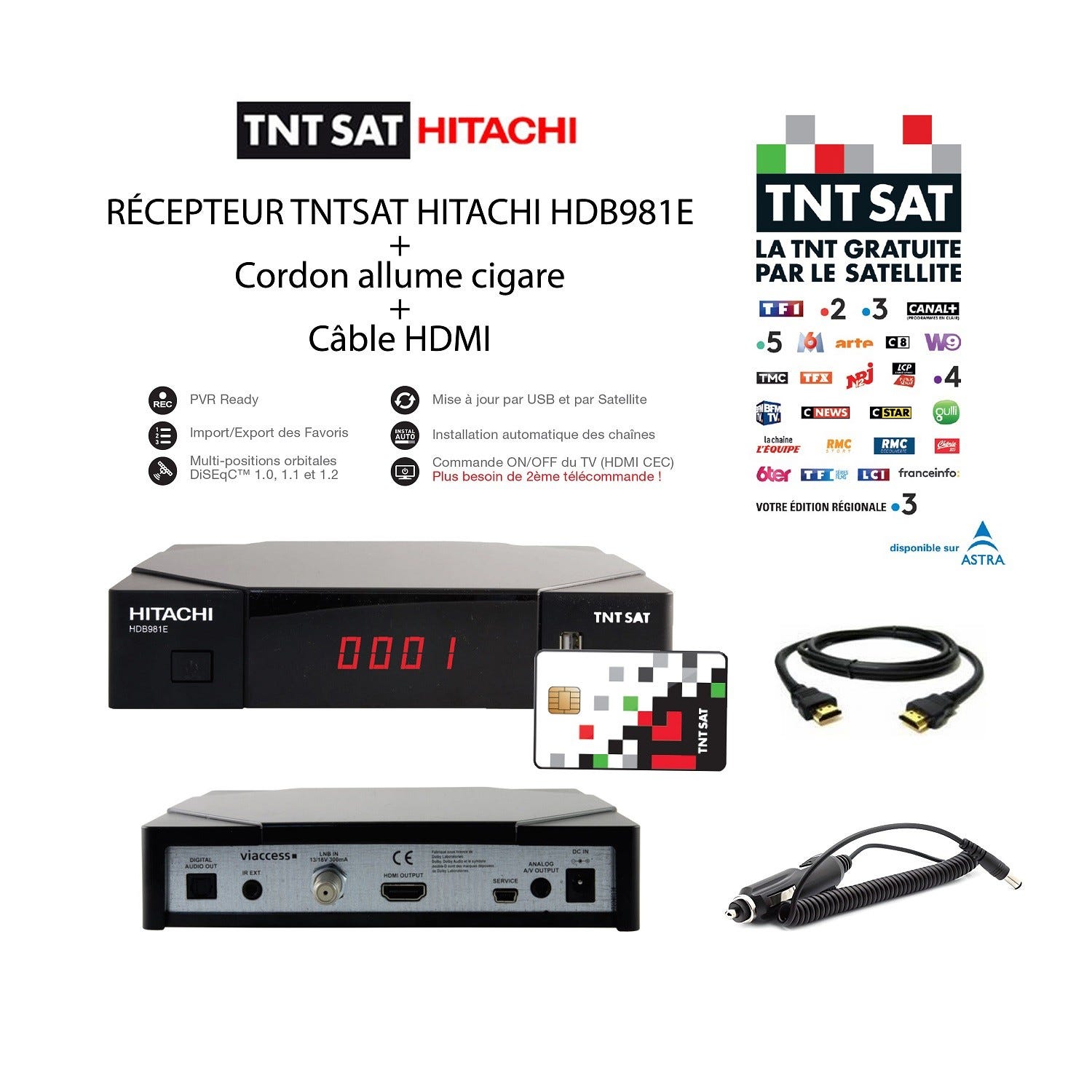 Récepteur TNTSAT HDB981E + Cordon Allume Cigare pour camping car + Câble  HDMI – Carte TNTSAT incluse, PVR Ready, Mise à jour par USB et par  Satellite