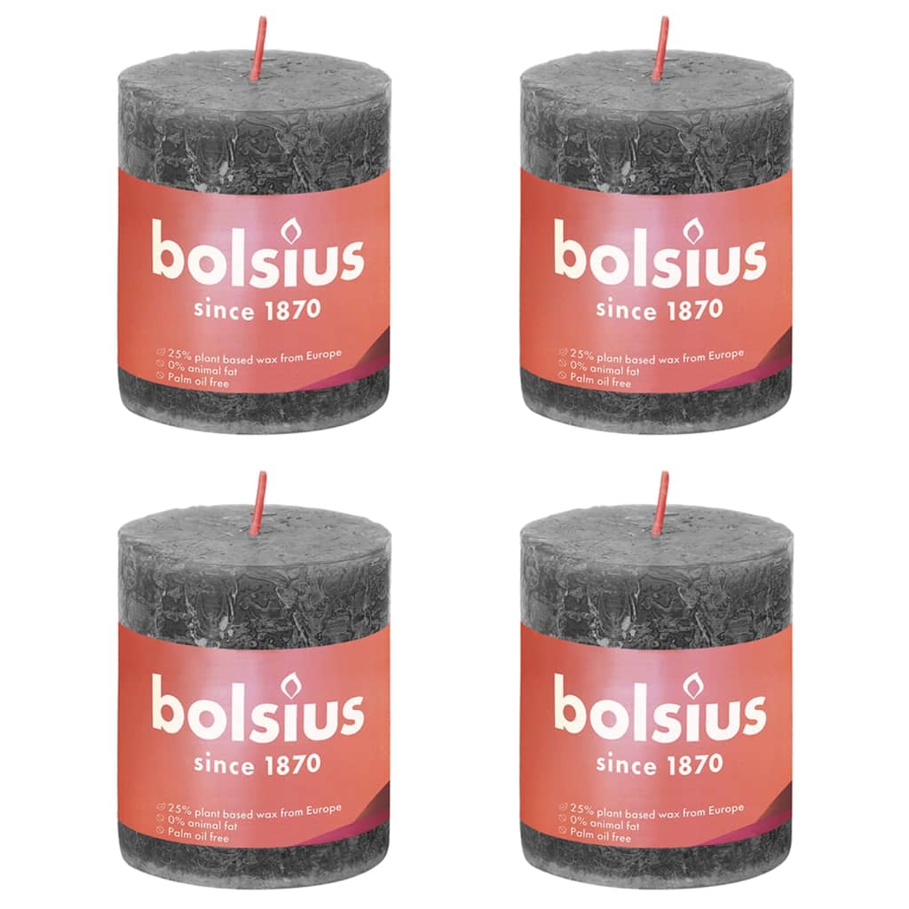 Bolsius Candele Rustiche a Colonna Shine 4 pz 80x68 mm Grigio Tempesta