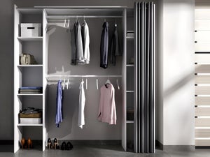 SUIT Dressing extensible avec rideau + 4 tiroirs - Décor Blanc - L 180-113  x P 50 x H 205 cm - La Poste