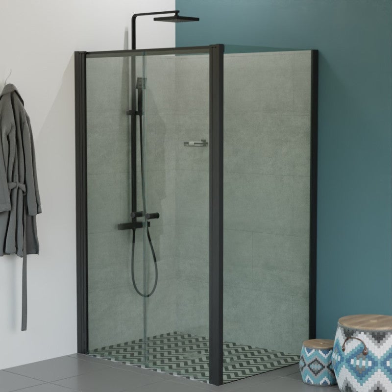 Porte de douche pivotante 120 cm double battant + retour fixe 90 cm ATLANTIC Black Mat Leroy