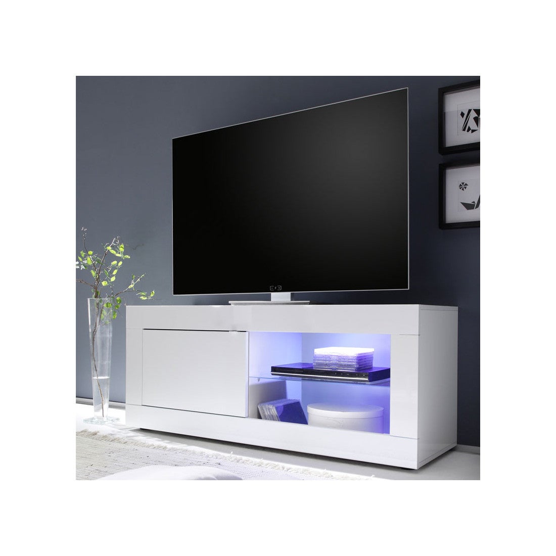 Meuble TV 1 porte et 2 tiroirs avec LEDs - Naturel et blanc laqué - DOLONA