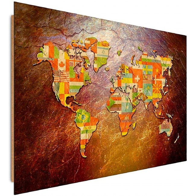 Tableau bois les drapeaux sur une carte du monde - 50 x 40 cm
