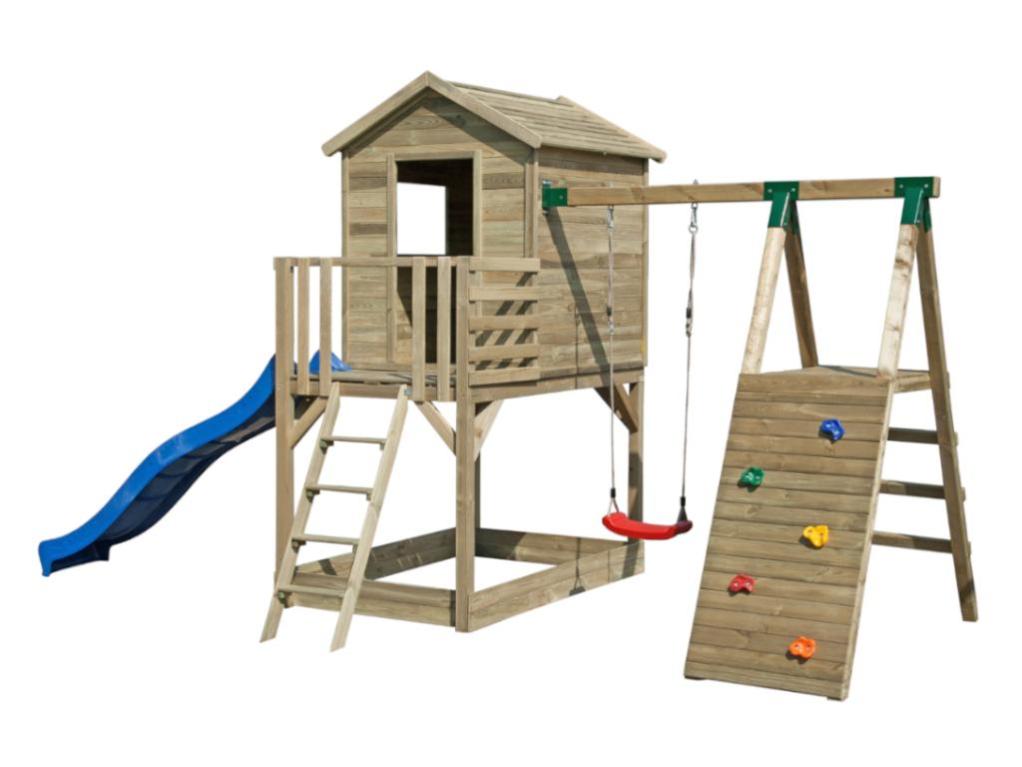 Aire de jeux en bois avec cabane, toboggan, balançoire, mur d'escalade