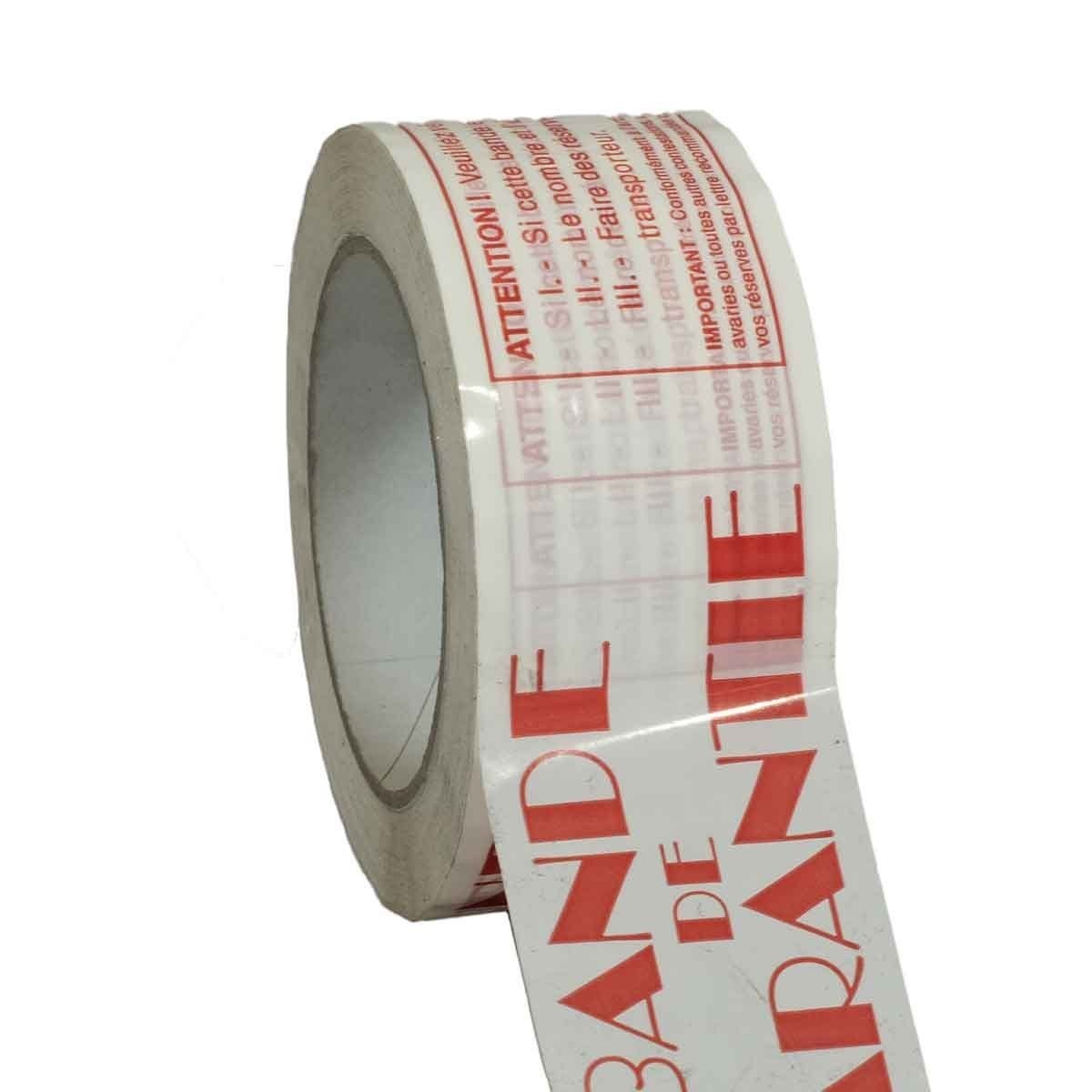 Ruban adhésif d'emballage 28µ blanc imprimé BANDE DE GARANTIE en rouge - rouleau  adhésif d'expédition 50 mm x 100 m