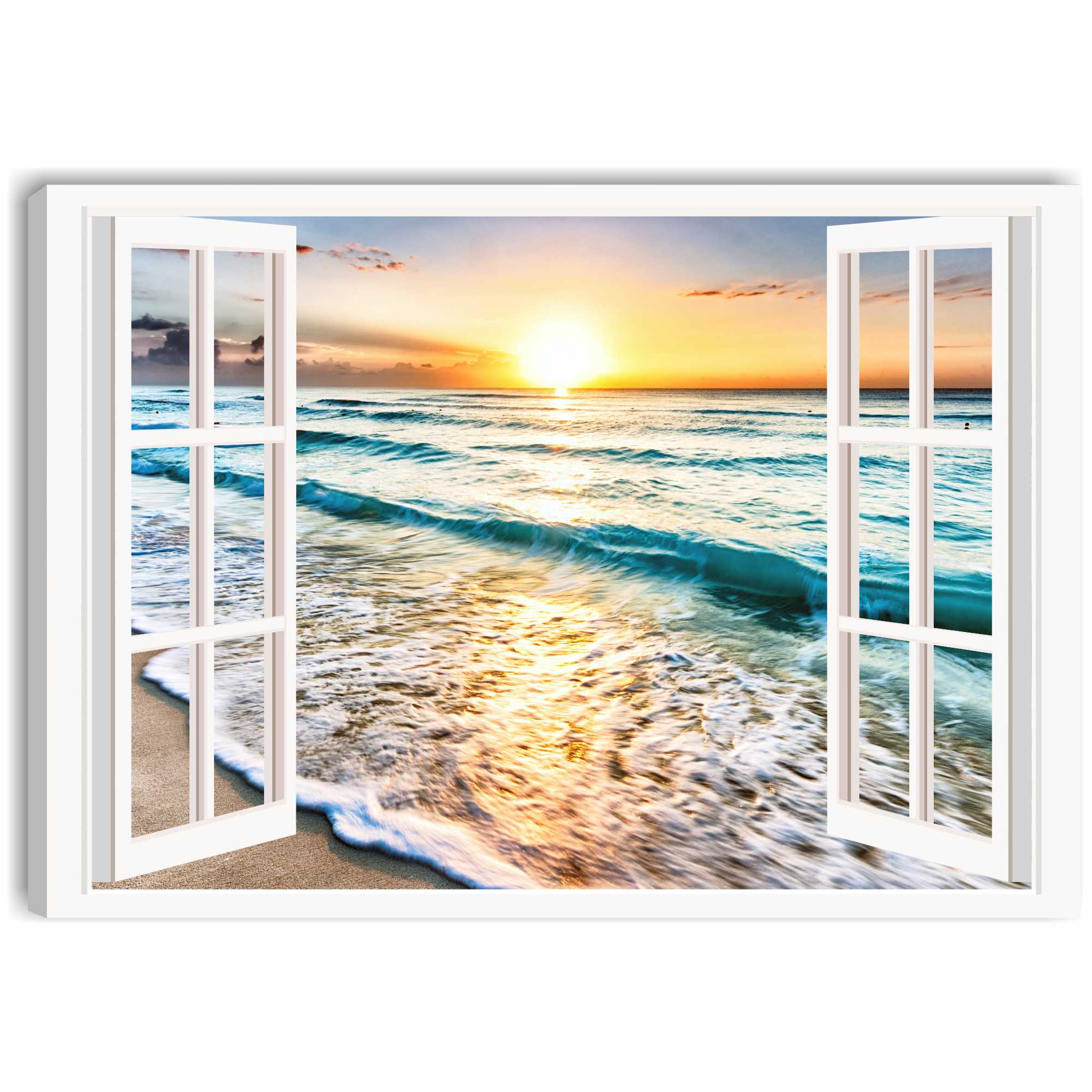 Quadro con effetto 3D, finestra aperta su spiaggia al tramonto, stampa da  parete , A1 76x51 cm (30x20in) : : Casa e cucina