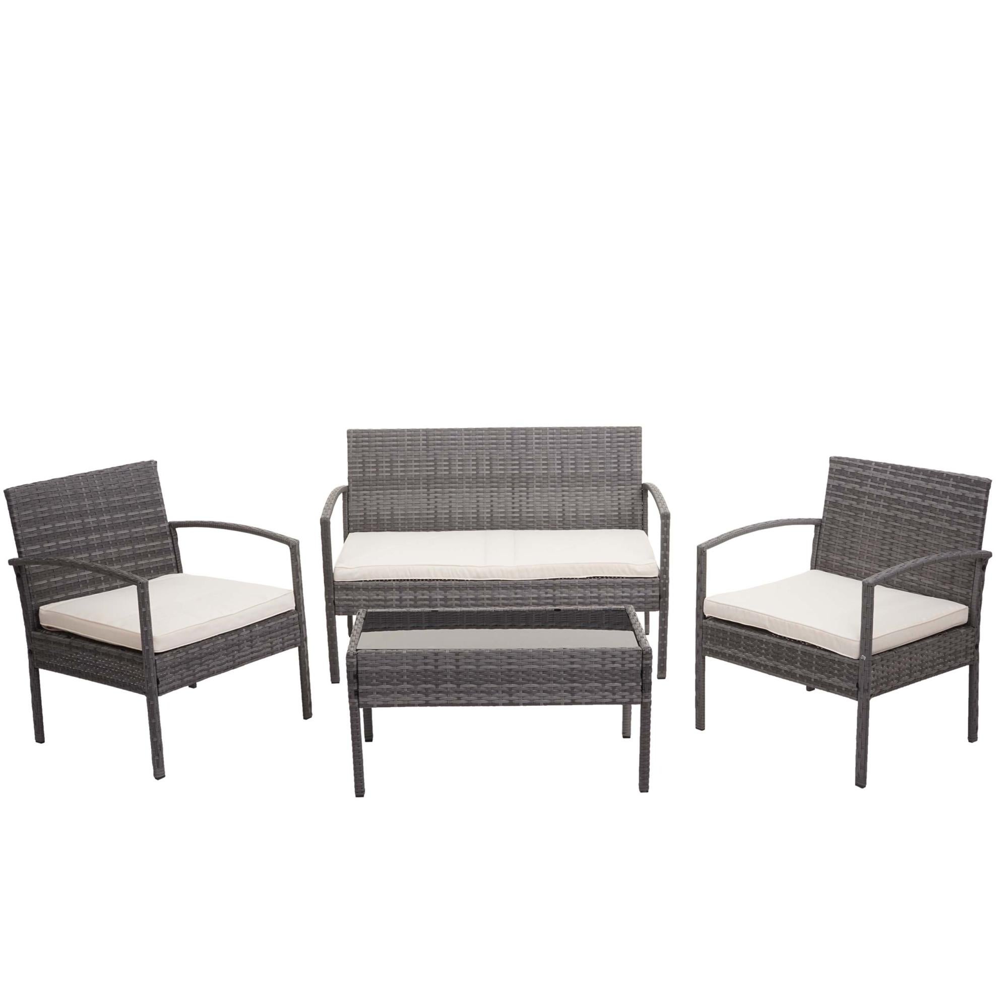 Set 4x sedie con tavolo da esterno polyrattan HWC-G19 marrone cuscini
