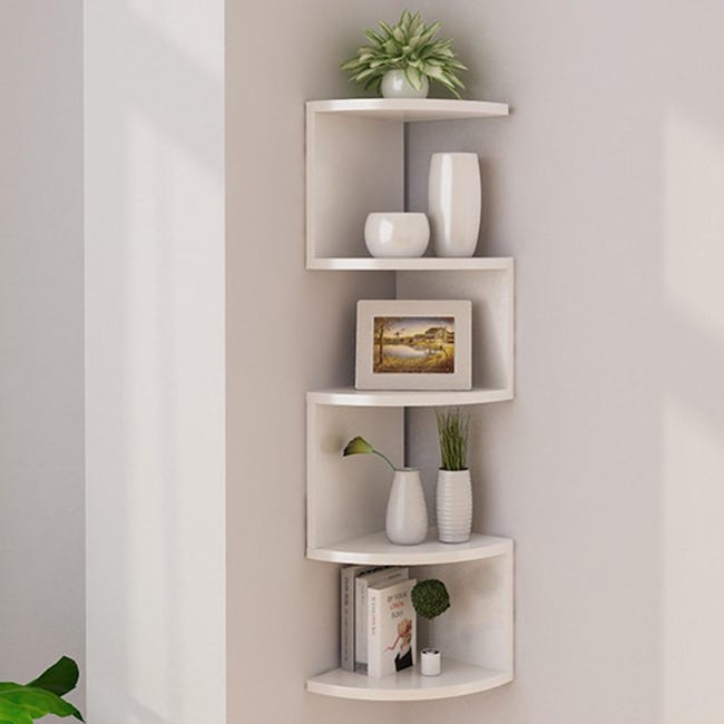 Étagère D'angle Murale 5 Niveaux - Design Flottant Blanc - En PVC Léger Pour Salon, Salle De Bain, Bureau