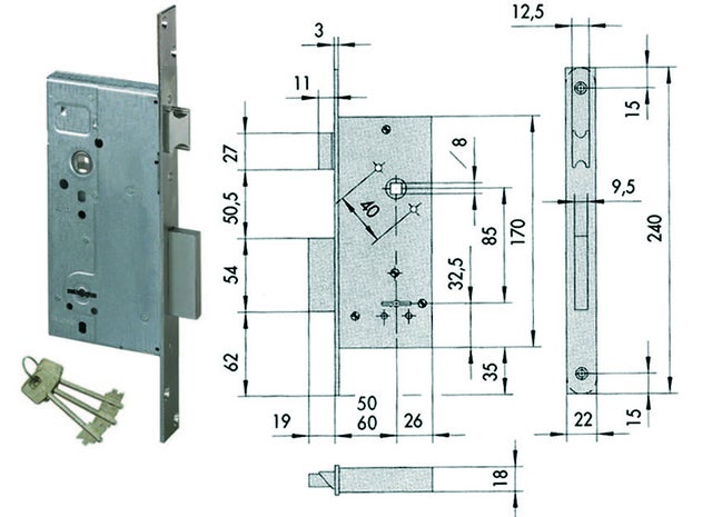 Serratura da infilare doppia mappa con scrocco 57211 - mm.50 (57211500)
