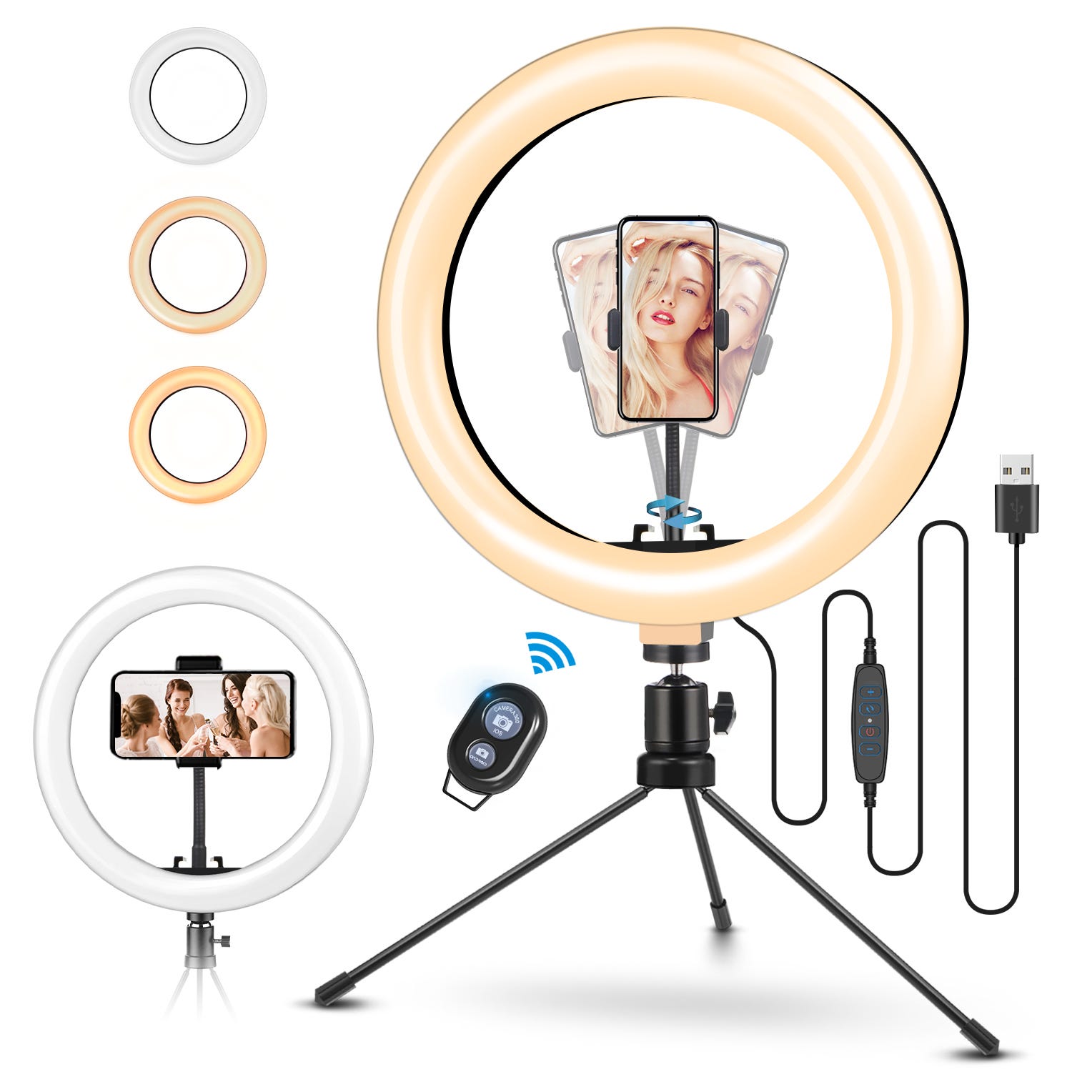 Ring Light avec Trépied Lampe USB 25cm Selfie Anneau Lumineux LED