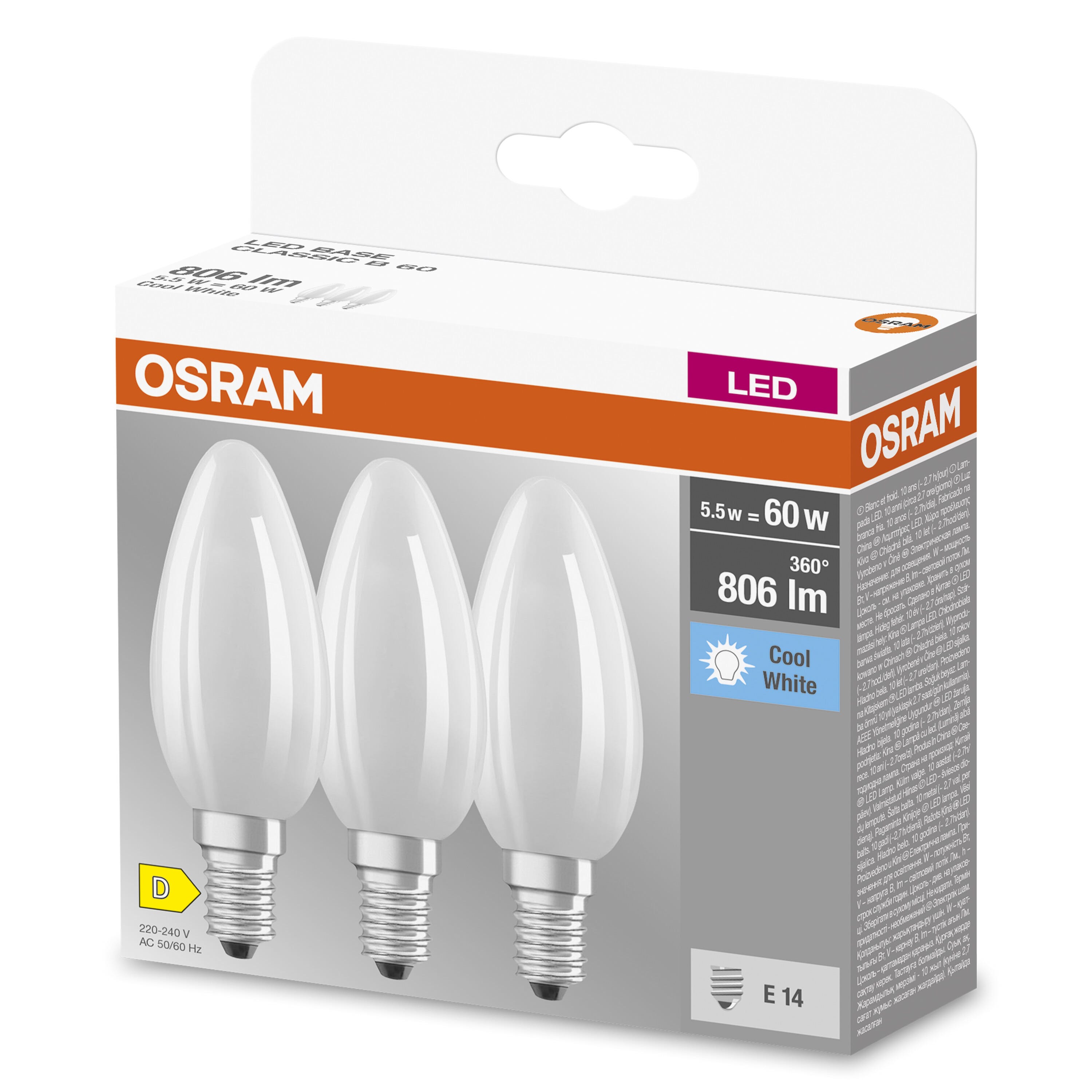 OSRAM Lampe à filaments Star, E14-base, verre dépoli ,Blanc chaud (2700K),  806 Lumen, Remplacement de la traditionnelle 60W-Ampoules 3-Pack :  : Luminaires et Éclairage