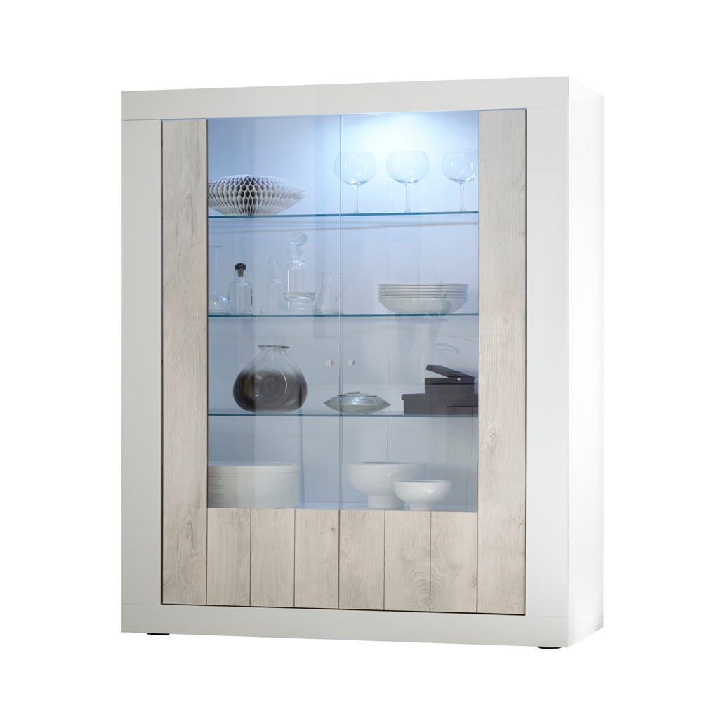 Mueble Vitrina salón KAREN, mueble de rústico con puerta y estantes de  cristal + 2 cajones. 78,3x210,3x48,3 cm colór blanco