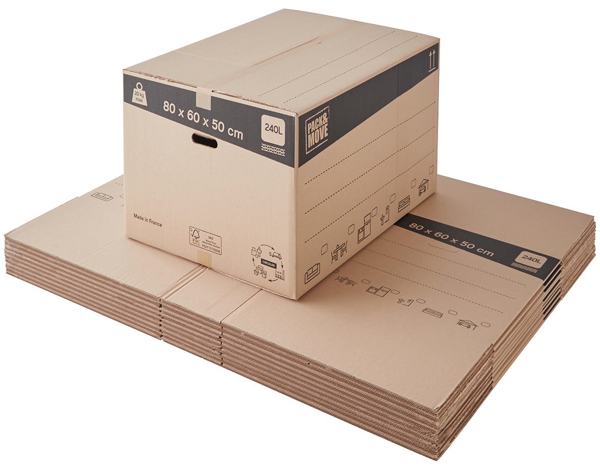 Set de 10 cajas de mudanza XXL 240L - 80x60x50cm - Made in France - Carga  máxima 20KG