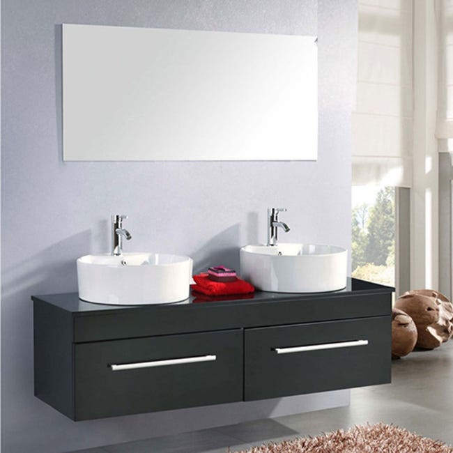 Mobile bagno nero con pensile lavabo e specchio TUDELA 