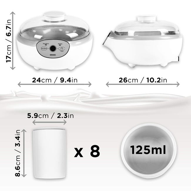 Duronic YM2 Yogurtera con Temporizador 20 W con 8 Tarros para Yogurtera de  125 ml, Panel de Control, Autoapagado, Elaboración de Yogur Natural