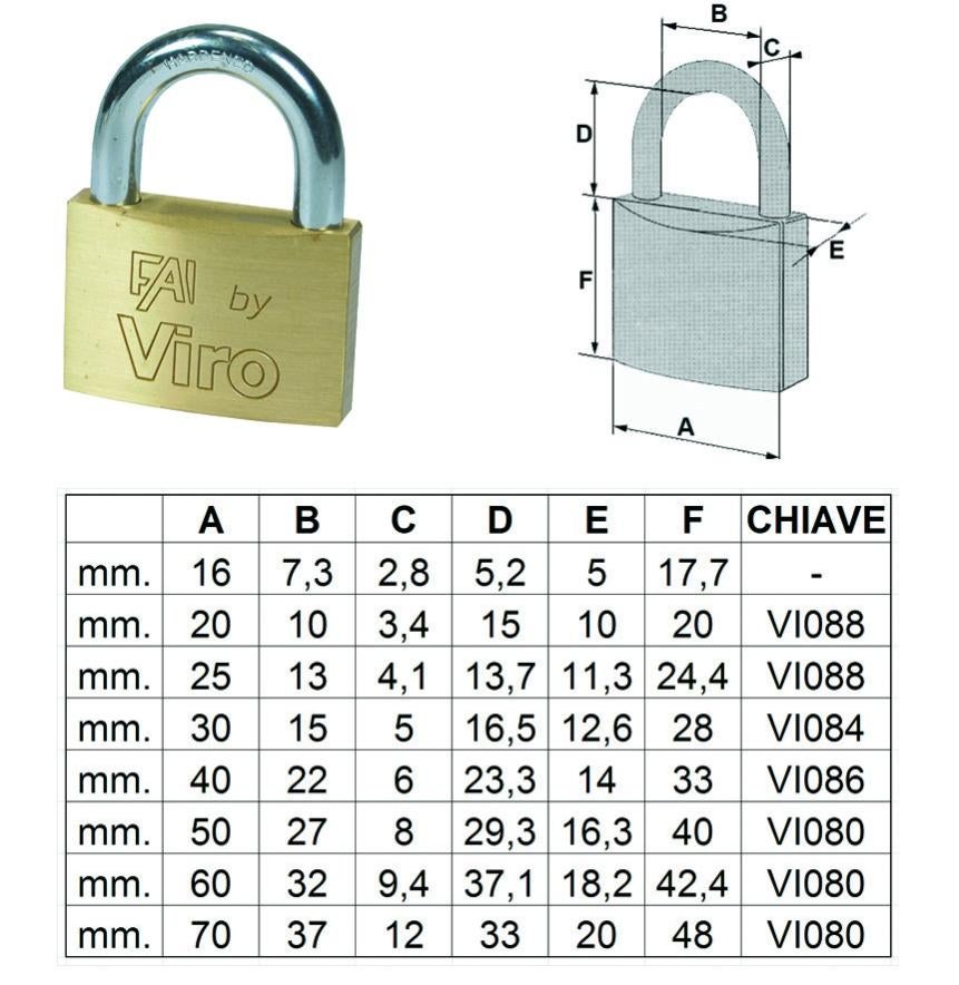 Serrure Rectangulaire Viro Fai Art 556 – 60 Mm Avec Arc En Acier Et 2 Clés