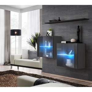 Meuble tv design avec cheminée artificielle intégrée en miroir anthracite  livré monté 200 cm de largeur collection Alonso