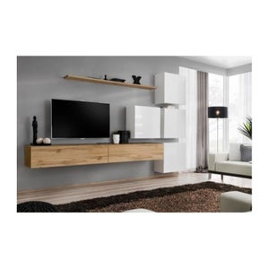 Ensemble meuble Tv et étagère murale design Ribera Chêne foncé et Blanc