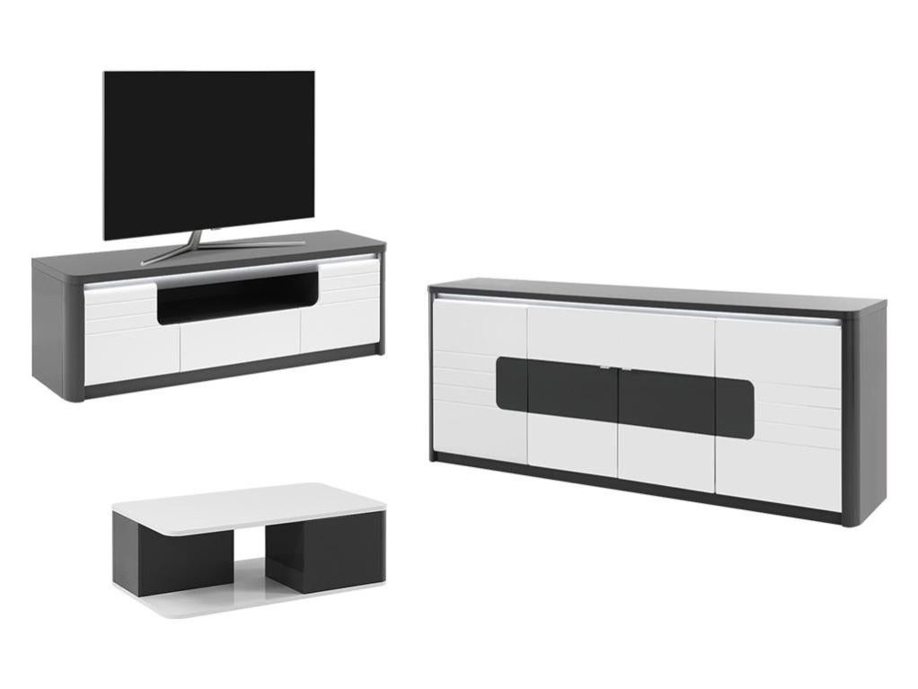 Ensemble Meuble TV + Buffet + Table basse Gris et blanc Séjour