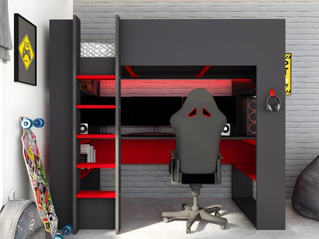 Lit mezzanine gamer NOAH avec bureau et rangements intégrés - 90 x 200 cm -  Avec LEDs - Anthracite et rouge