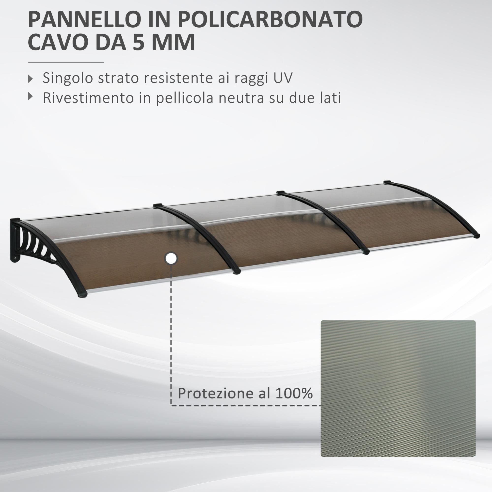 Pensilina Da Esterno In Policarbonato E Alluminio 303x96cm - Copertura Per Finestre E Porte, Marrone - Foto 5
