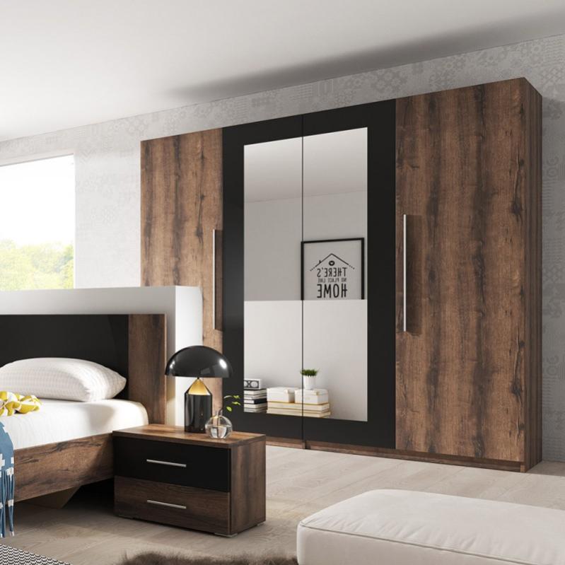 Armoire 4 portes avec miroirs couleur chêne foncé et noir IRINA Leroy Merlin