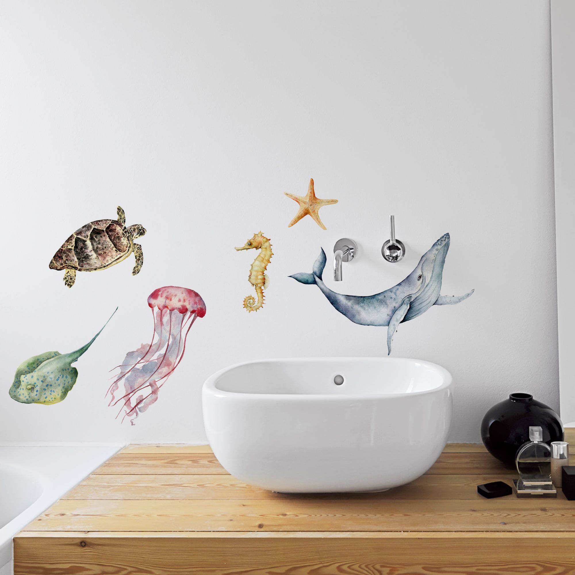 Pegatina decorativa Pegatina, pegatinas para la habitación para niños,  animales de mar, al estilo de acuarela, 68 cm x 24 cm