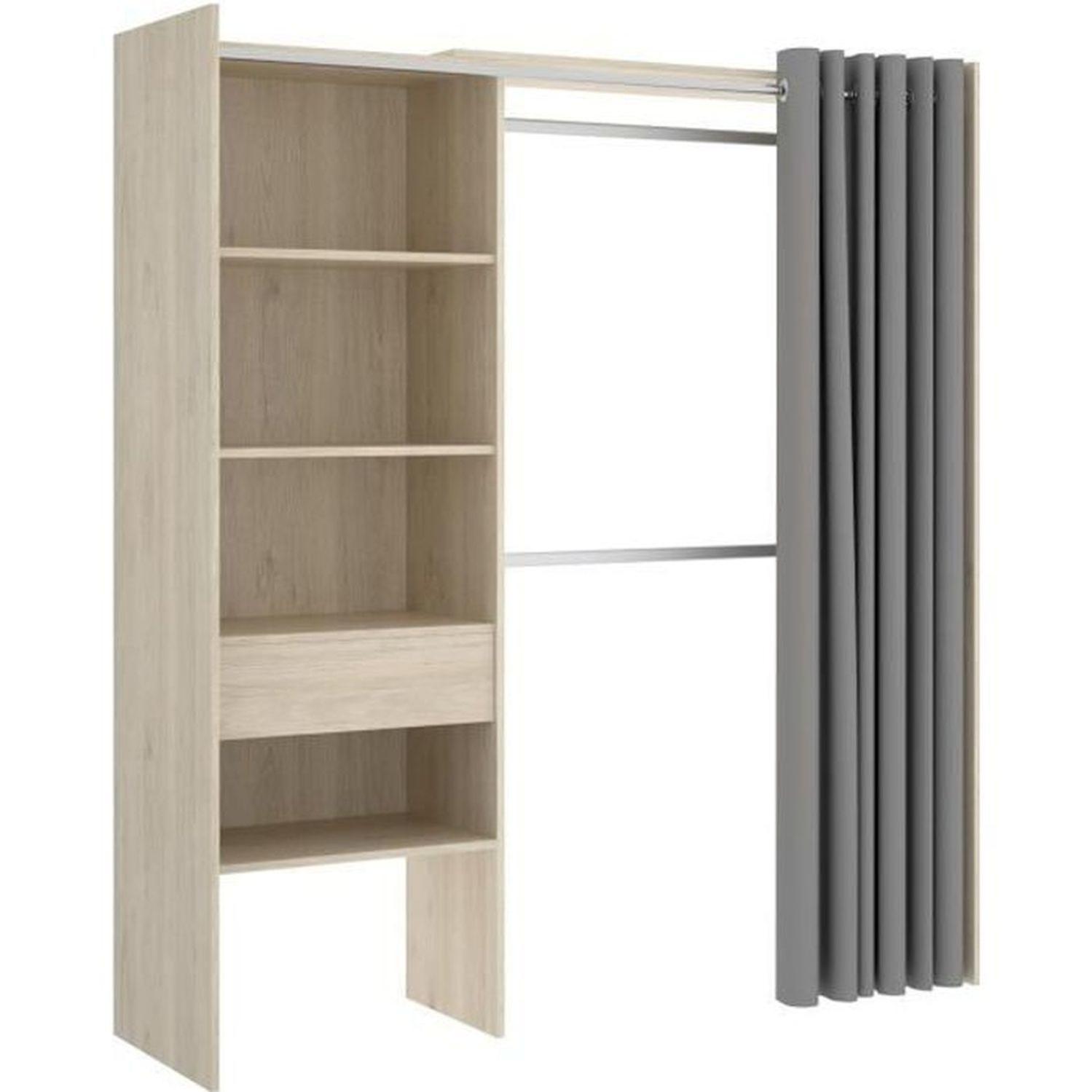 Dressing extensible avec rideau + 1 tiroir Décor chêne naturel 160