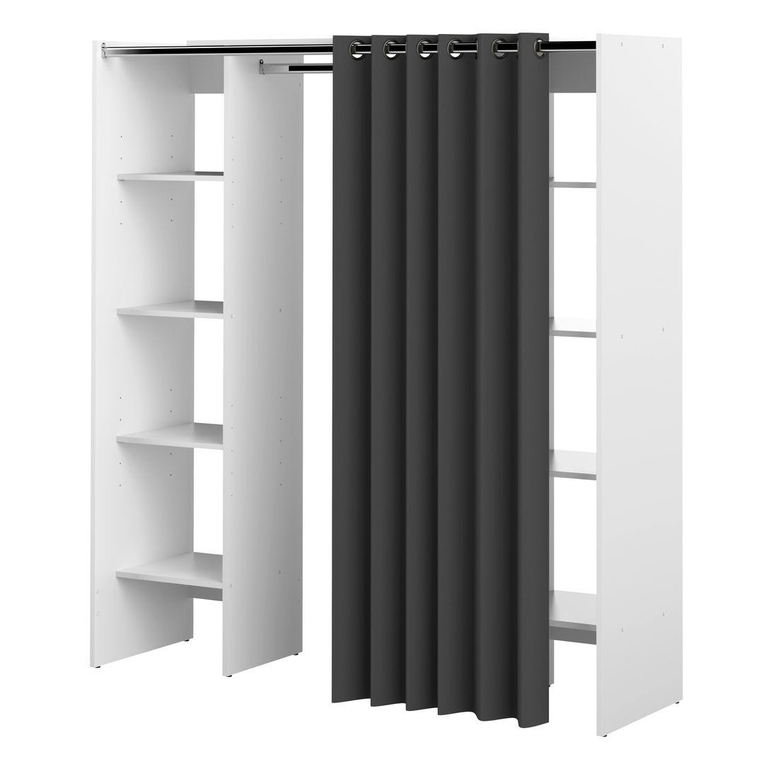 Dressing 2 colonnes + meuble 4 tiroirs blanc, rideau gris