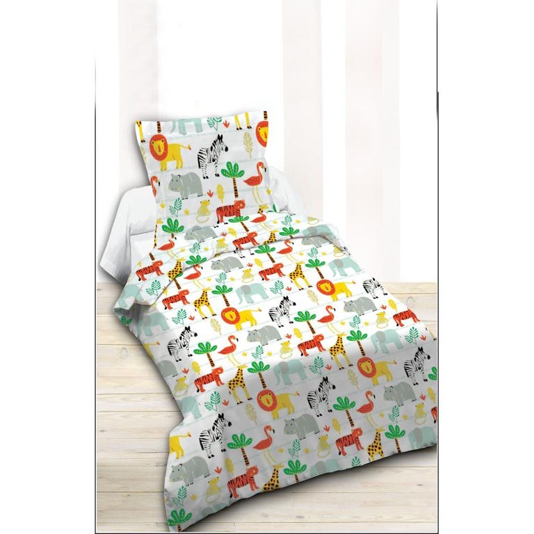 Parure de lit enfant en coton imprimés animaux blancs et multicolores,  140x200