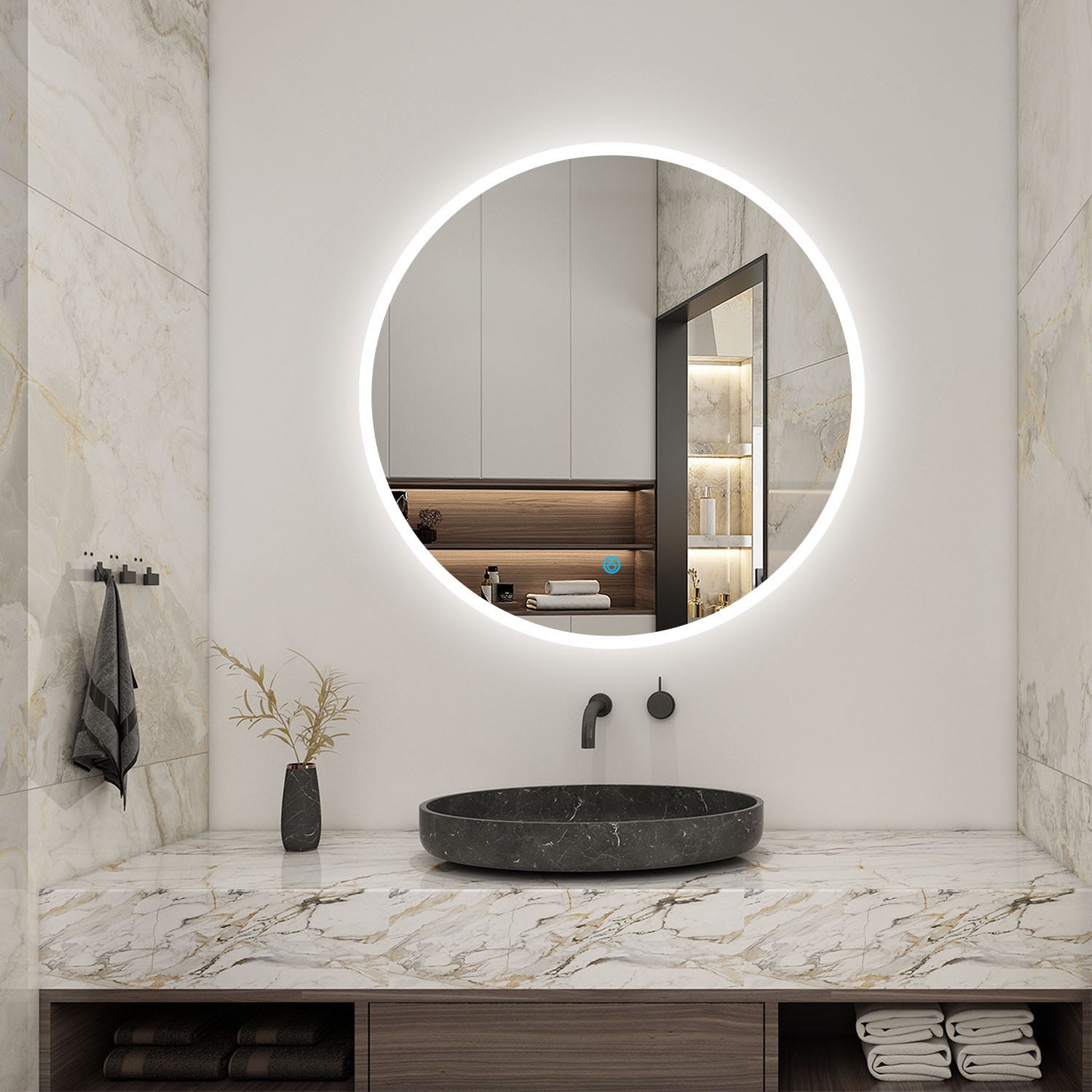 Miroir arrondi salle de bain, Miroir rond anti-buée avec éclairage, Miroir  étanche très leger , Diamèter Φ: 60 cm