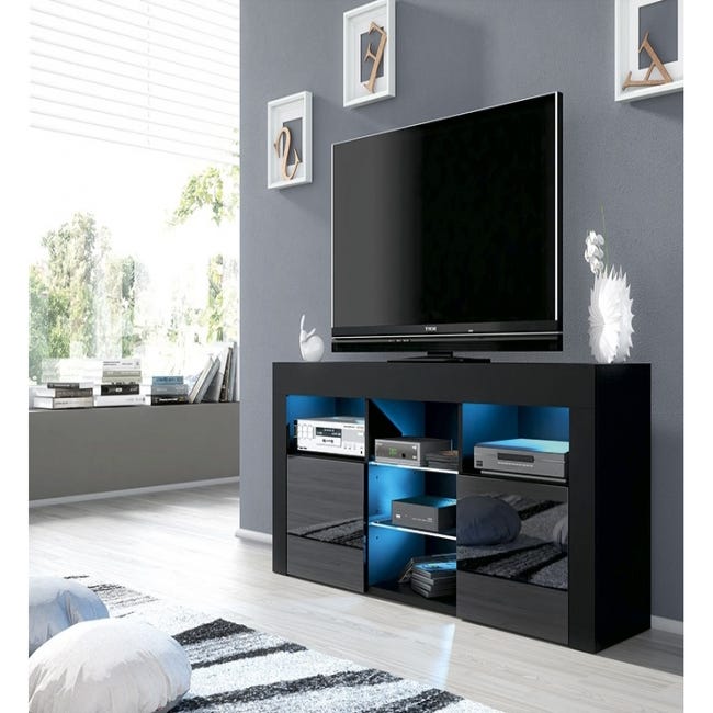 SIRHONA Meuble TV LED Noir, Banc TV 140x35x45cm, Éclairage LED RGB